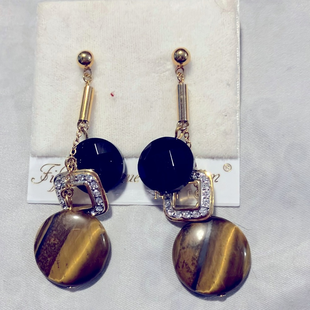 Genuine tiger eye, onyx and Swarovski crystal earrings